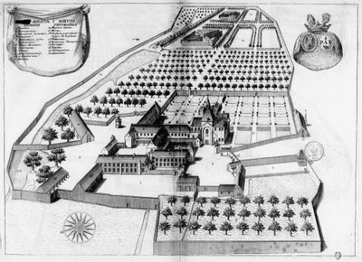 Engraved Plate of the 17th Century Representing the Abbey of Saint-Martin de Sées, in the Book Monasticon Gallicanum by Michel Germain